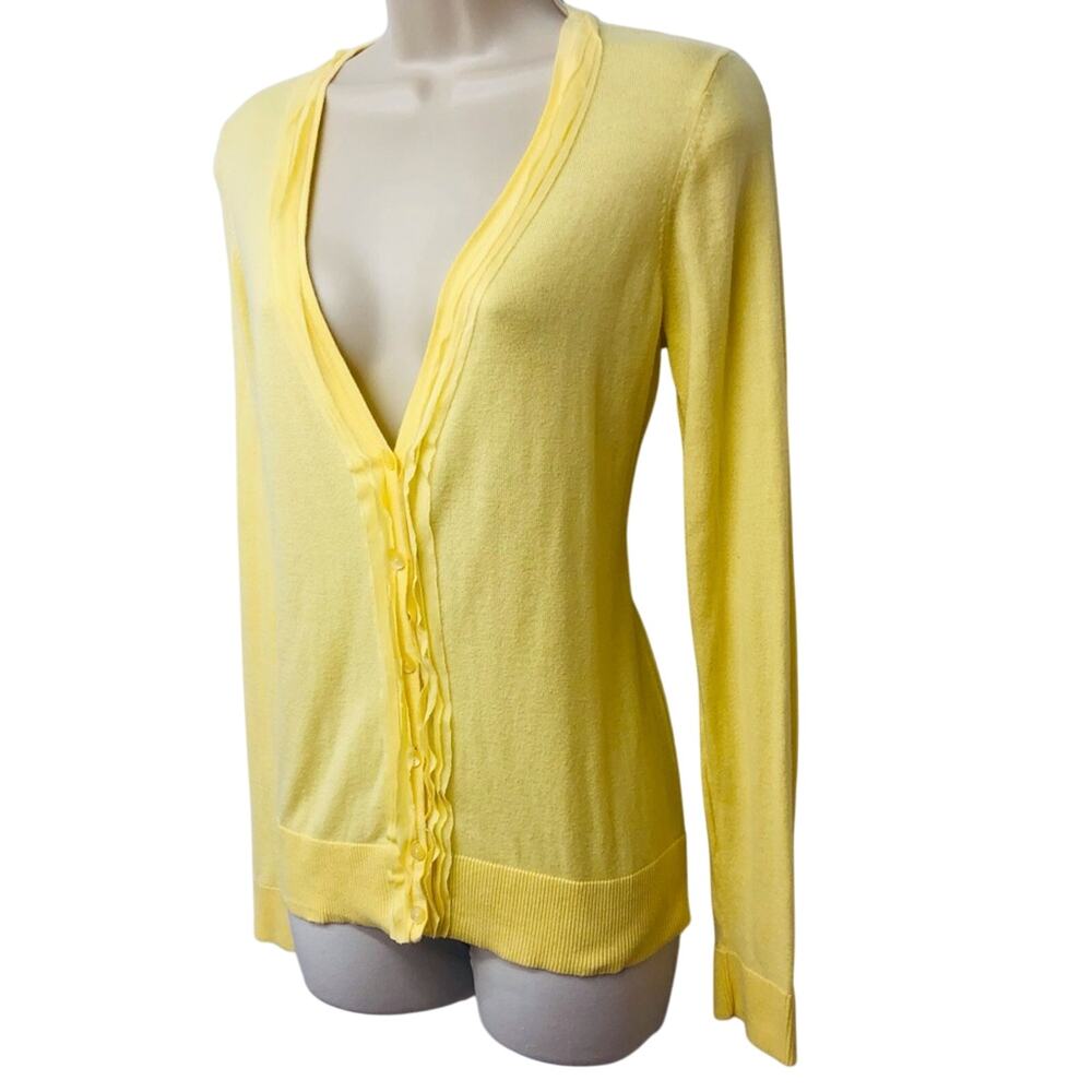 Ann Taylor Loft Light Yellow Lightweight Cardigan Stylish Ruffled V Neckline - Picture 4 of 16